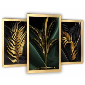   Moderan set od 3 slike zlatnih okvira za dnevni boravak s motivom zlatnih listića, dimenzija 63x129 cm
