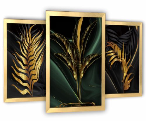 Moderan set od 3 slike zlatnih okvira za dnevni boravak s motivom zlatnih listića, dimenzija 63x129 cm