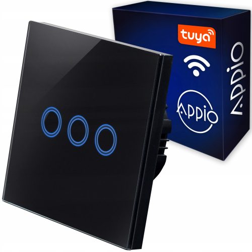 Trostruki LED prekidač za svjetlo s dodirnim staklom i daljinskim upravljanjem, crni, WiFi Tuya SMART