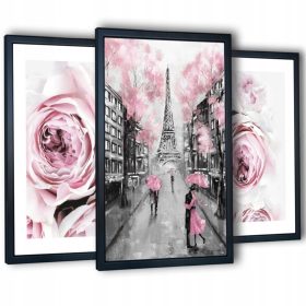   Moderni set od 3 apstraktna platna "Pink Peonies" u crnim okvirima dimenzija 129x63 cm