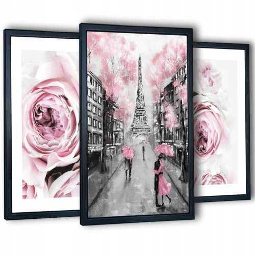 Moderni set od 3 apstraktna platna "Pink Peonies" u crnim okvirima dimenzija 129x63 cm