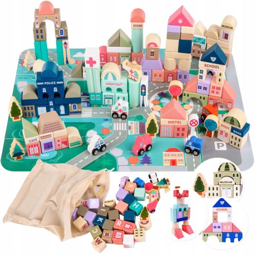 Dječje drvene kocke gradskih automobila 115 elemenata puzzle mat