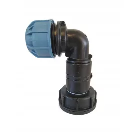   Koljeno za vodu PE100 promjera 32 mm za spajanje na spremnik IBC. Redukcija, koljeno S60x6 za PE cijev promjera 32mm za spremnike IBC Mauzer. Visoka nepropusnost - nema curenja. Gwint wewnętrzny S60x6