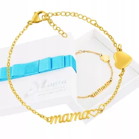   Zlatna narukvica u obliku srca s natpisom Mama za posebnu ženu koju volite! Ova elegantna bižuterija izrađena je s velikom pažnjom i preciznošću od pozlaćene 316L čelika, koji osigurava trajnost i vis