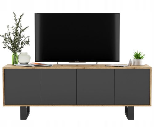 TV Loft APOLLO 2, moderna TV komoda grafit MAT 150cm, bezuchwytowe otwieranie drzwiczek "push to open", elegancki design idealny do pomieszczeń w stylu Loft. Dostępna w różnych kolorach: dąb wotan - b