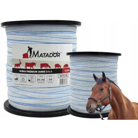   Električna traka Matador Premium MTR110R za električne ograde za konje 20mm x 500m bijelo-plava za dugačke ograde do 14 km