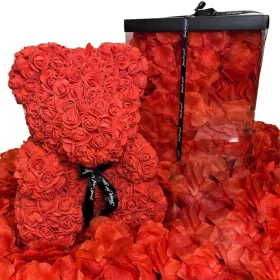   VELIKI RUŽIČASTI MEDO 40 CM XXL + KUTIJA SA 1100 LATICA RUŽA POKLON ZA VALENTINOVO