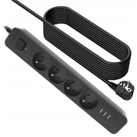   Produžni kabel, traka za zaštitu od prenapona, traka Defender, 5 m, 4 kom utičnice, crna