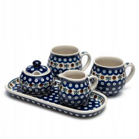   Servis za kavu i čaj Bolesławiec Ceramika Anna Wróbel K2, 5 komada, bijeli i plavi