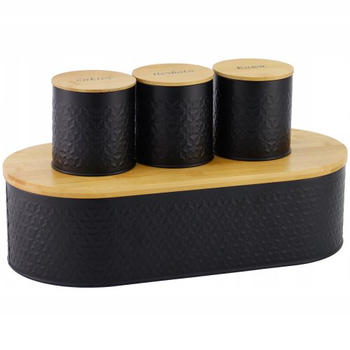 Kutija za kruh s bambusovim poklopcem + Set od 3 crne kuhinjske posude