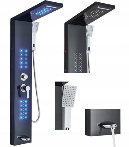 MYQualife Luksuzni LED tuš panel s hidromasažom i vodopadom, srebrni termostat