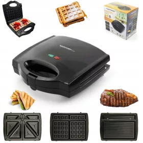    Kontaktni električni roštilj IZMJENJIVE PLOČE 3u1 DA GRIL ZA VAFLE TOSTER GRILL 3u1 crni 700 W