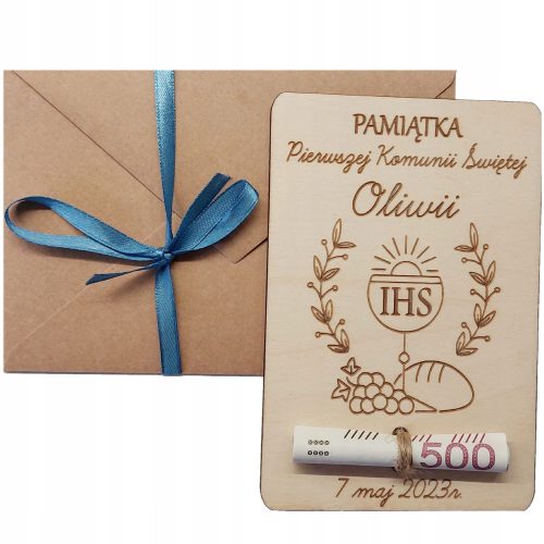 DREVENA ČESTITKA - USPOMENA NA PRVU PRIČEST, POKLON ZA PRVU PRIČEST S MJESTOM ZA NOVČANICU (PERSONALIZACIJA)