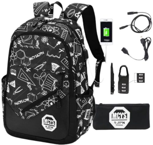 Školski Ruksak Mladeži Grafiti s USB Portom - Kompletan Set 5u1