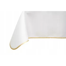   Otporni bijeli stolnjak s žutim rubom, idealan za svaku prigodu! Luksuzan i plamoodbojan, ovaj obrus je praktičan i elegantan dodatak vašem stolu. Izrađen od visokokvalitetnog poliestera, ovaj obrus j