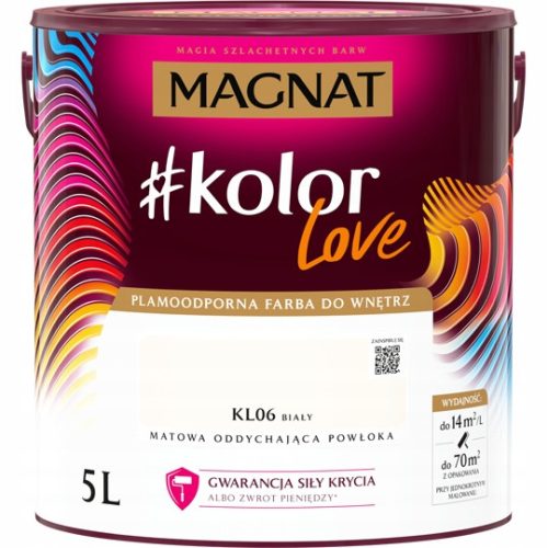 Magnat boja za zidove #kolorLove KL06 bijela 5LFarba MAGNAT #kolorLove KL06 bijela 5L je visokokvalitetna lateks boja za zidove i stropove unutar prostora. Nj