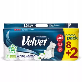   Luksuzni toaletni papir Velvet White Cotton bez mirisa, 8+2 role