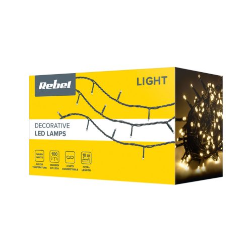 Vanjska LED božićna svjetla Rebel za božićno drvce 10m, toplo bijela, IP44, s 8 načina svjetljenja, za vanjsku upotrebu, napon 31 V, snaga 3,6 W, s 100 LED dioda, odstojanje između dioda 10 cm, klasa 