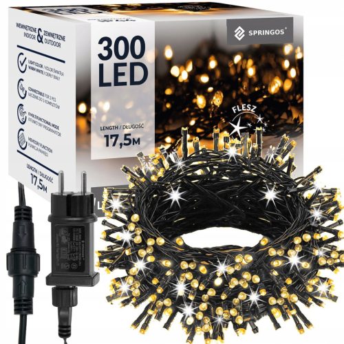 Ljetna čarolija: Vanjska zavjesa božićnih svjetala Springos® sa 300 LED dioda - Toplo bijela flash