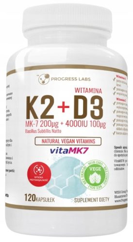 Progress Labs Vitamin K2 VitaMK7 200μg + D3 4000IU s prebiotikom, 120 biljnih kapsula