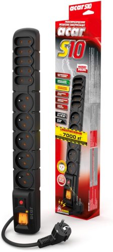ACAR S10 produžni kabel za zaštitu od prenapona, 3m, crni, 10 utičnica