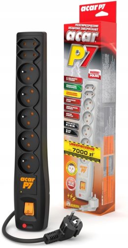 Električni produžni kabel Acar P7 zaštita od prenapona, crni, 3 m, 7 utičnica