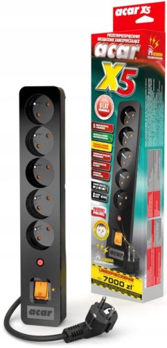 Acar X5 produžni kabel 3 m 5 utičnica zaštita od prenapona crna