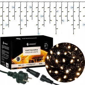   Kurtina sa 500 LED lampica za vanjsko i unutarnje korištenje, dužine 22,5 metara, pruža magičan božićni ugođaj. Sople svjetlosti u bijeloj toplini i treptajući bijelo hladni svjetlo stvaraju neodoljiv