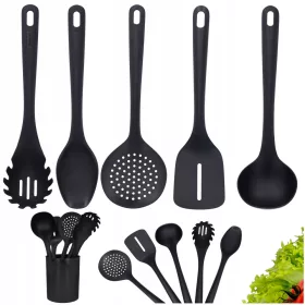   Set kuhinjskog pribora s posudom, lopaticom, kutlačom, crni, 5 kom