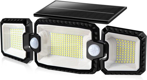 Crna vanjska zidna svjetiljka s dva senzora pokreta, solarna lampa, 2200 lm, IP65, 3 glave, 360° rotacija, 2400LM, za vrt i garažu [A+++]