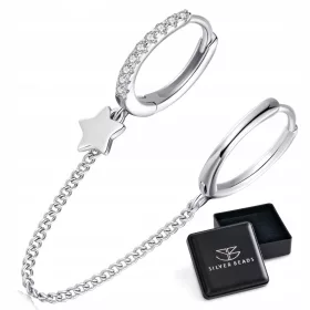   Elegantne srebrne naušnice s križanjem kotača i lančićem, ukrašene kristalima. Ove prekrasne naušnice su izrađene od srebra 925, s prozirnim kristalima i teže 0,80 g. Zatvaraju se sigurnim zatvaračem 