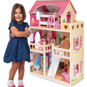   Velika Drvena Kućica za Lutke s Namještajem - Interaktivna, Kupaonska, Visoka - 91 cm