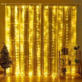   SVJETLOSNA ZAVJESA SA 300 LED SVJETILJKI 3x3m TOPLA BIJELA GIRLANDA DALJINSKI