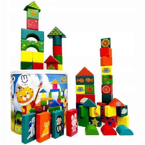 Drvene kocke za djecu u kanti - Puzzle obrazovne građevinske figure 50