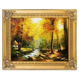   Doma među drvećem, ručno oslikani pejzaž u zlatnom okviru