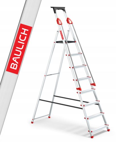 Aluminijska kućna ljestva s 8 stepenica i ručkotićima, visine 3,62 m, nosivosti do 150 kg, idealna za gospodarstvo, radove u kući i vrtu. Izdržljiva i sigurna, aluminijska konstrukcija s antikorozivno