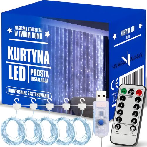 SVJETLEĆA ZAVJESA 200 LED HLADNO 3x2m USB BOŽIĆNO DRVCE GIRLANDA DALJINSKI