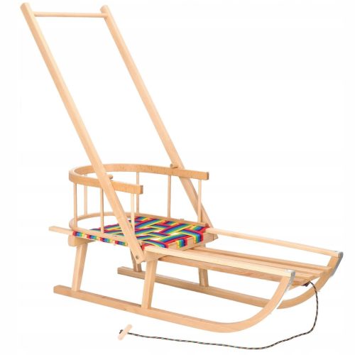 Wooden sled with backrest, pusher, and rope