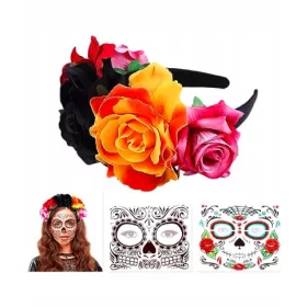   Traka za glavu s cvjetnim tetovažama 3 komada u bojama lubanje za Noć vještica