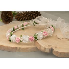 Ružičasti vijenac za Prvu Pričest s ružama 065C