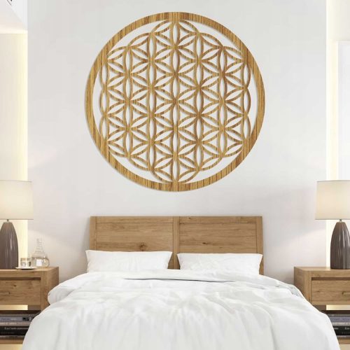 Izrezbana mandala Cvijet života Zidna umjetnička dekoracija 90 cm zlatni hrast