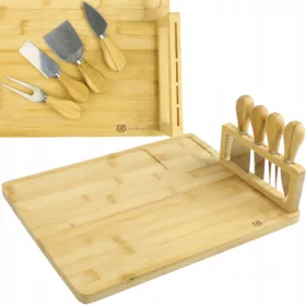 DASKA OD BAMBUSA ZA POSLUŽIVANJE SIRA + SET 4 NOŽA