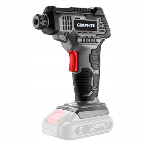 Kompresor bez ulja Energy+ 18V Graphite 58G041 s LCD zaslonom, idealan za putovanja i vanjsku upotrebu. Pogodan za naduvavanje guma, lopti, madraca i drugih predmeta. Ima elektronički kontrolni panel,