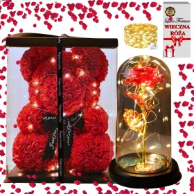   VELIKI MEDO S RUŽAMA LED 40CM VJEČNA RUŽA POKLON ZA VALENTINOVO XXL SET
