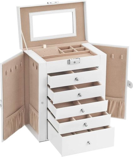 Songmics Kutija za nakit XXL s ključem i lusterom 32 x 26 x 15,6 cm - Bijela