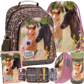   Derform školski ruksak s konjem za djevojčice 5u1, bijela, nijanse smeđe i bež, nijanse ružičaste, nijanse zelene, nijanse žute i zlatne, višebojno