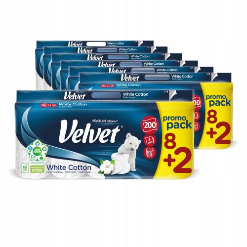 Pamučni toaletni papir Velvet White Cotton 200 listića, 3 sloja. Sada u promotivnoj verziji 8+2 besplatne rolice u pojedinačnom pakiranju! Pakiranje u veleprodaji: 7x 8+2 rolice