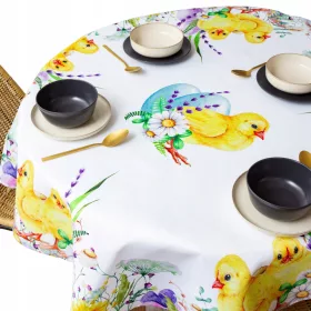   Stolnjak od poliestera otporan na mrlje 130 cm bijeli s motivom Uskrsnih jaja