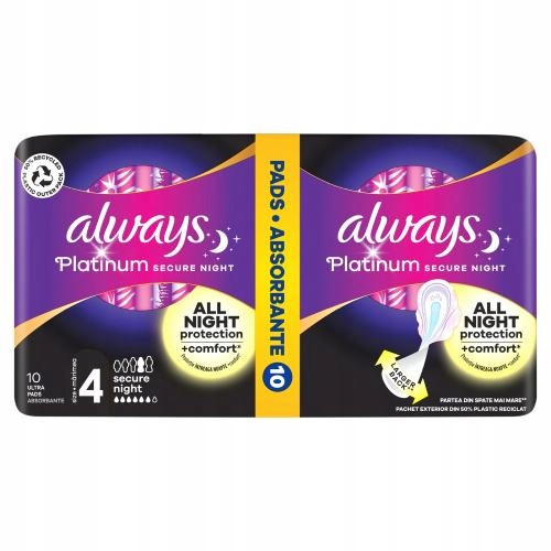 Always Platinum Sigurni Noćni Higijenski ulošci s krilcima, 10 kom.