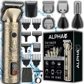   Alpha ABS-02 trimer 7 u 1 za bradu, kosu, nos i tijelo s USB-C, 90 min bežičnog rada, metal, žuto/zlatno